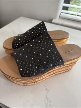 Chloe Black Leather Studded Espadrille Wedge Slides